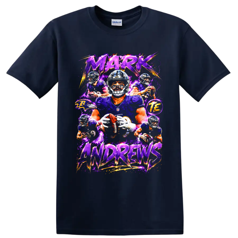 Mark Andrews Baltimore Ravens football action collage with purple lightning and bold on a Navy (Blue) T Shirt