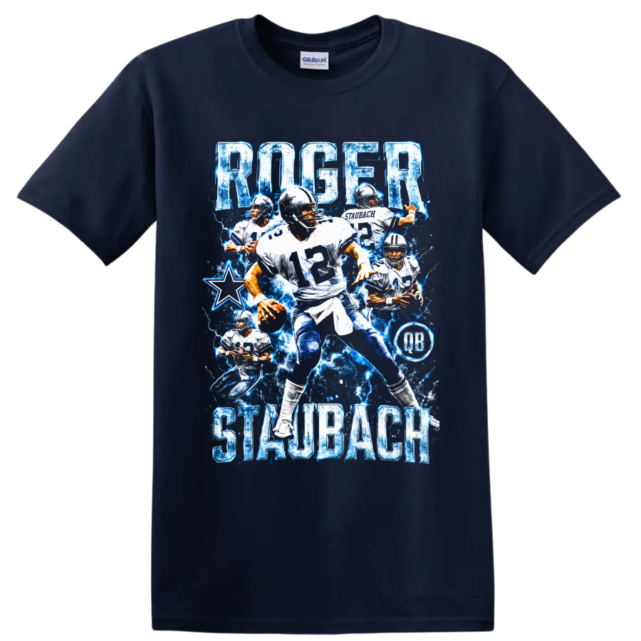 Roger Staubach Dallas Cowboys quarterback collage with blue lightning and number 12 on a Navy (Blue) T Shirt