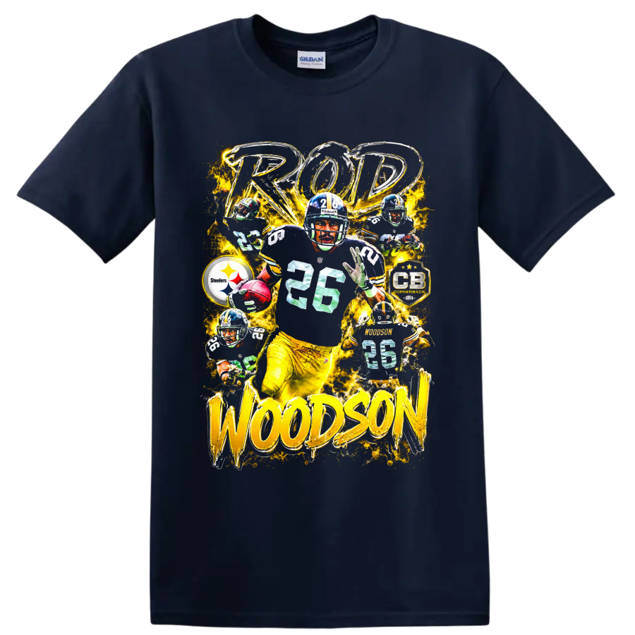 Rod Woodson No. 26 Steelers cornerback collage with gold lightning and bold lettering on a Navy (Blue) T Shirt
