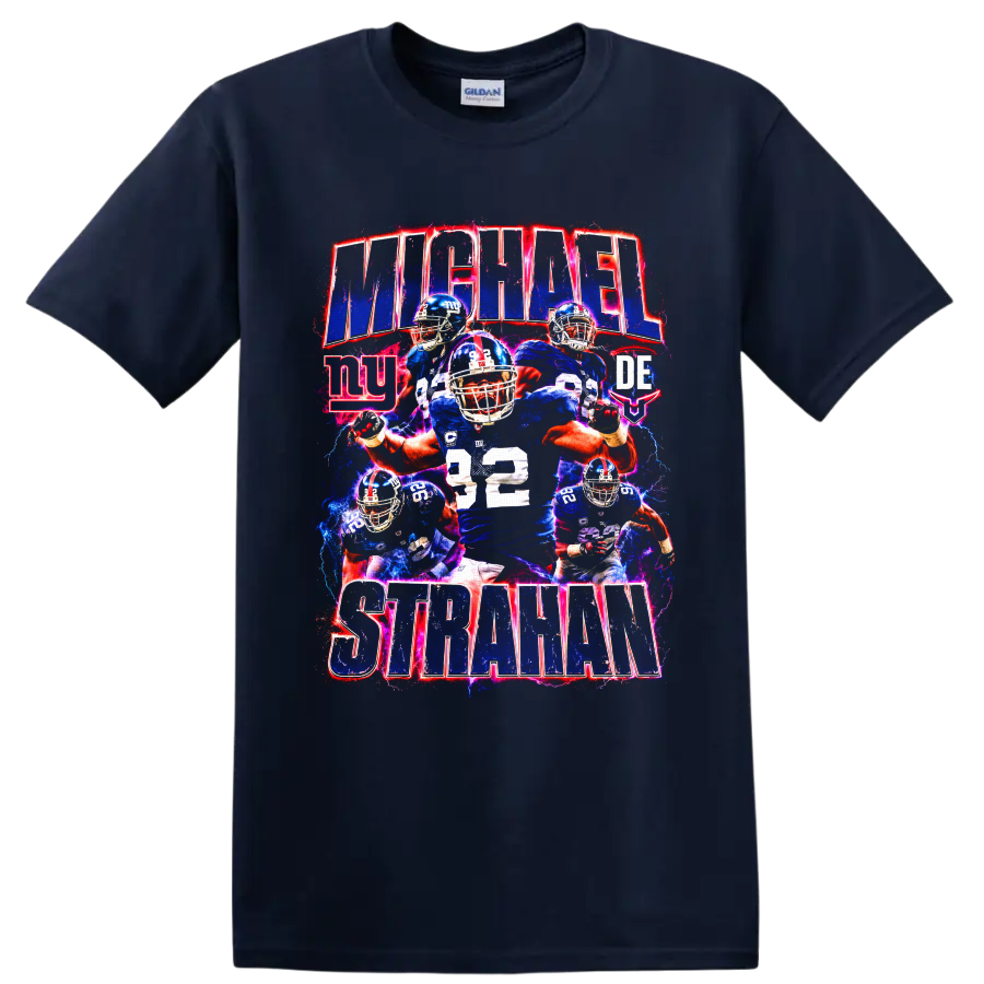 Michael Strahan number 92 New York Giants football collage with electric action effects on a Navy (Blue) T Shirt