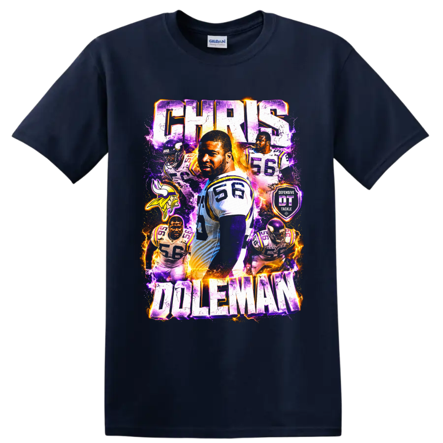 Chris Doleman Minnesota Vikings number 56 lightning football collage with CHRIS DOLEMAN on a Navy (Blue) T Shirt