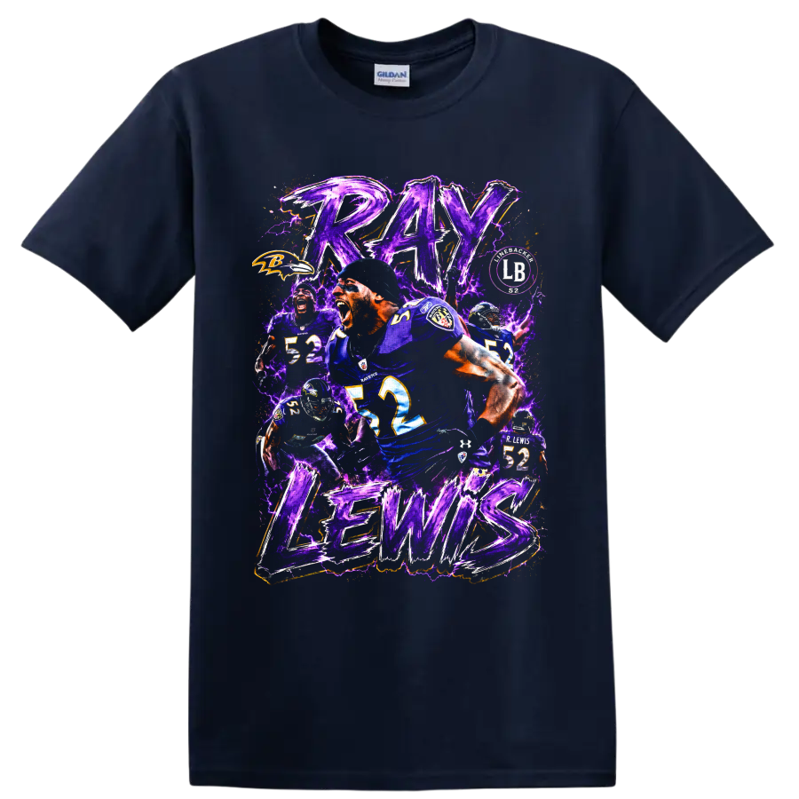 Ray Lewis Baltimore Ravens number 52 football collage with purple lightning on a Navy (Blue) T Shirt