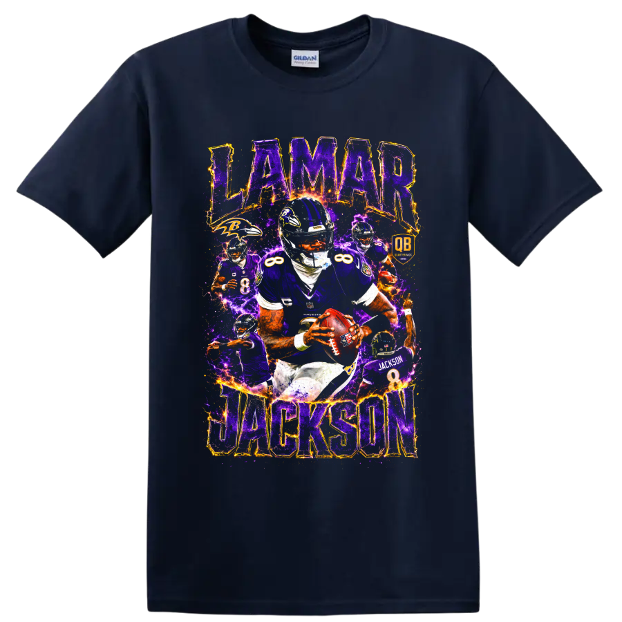 Lamar Jackson Ravens quarterback number 8 action collage with purple lightning on a Navy (Blue) T Shirt
