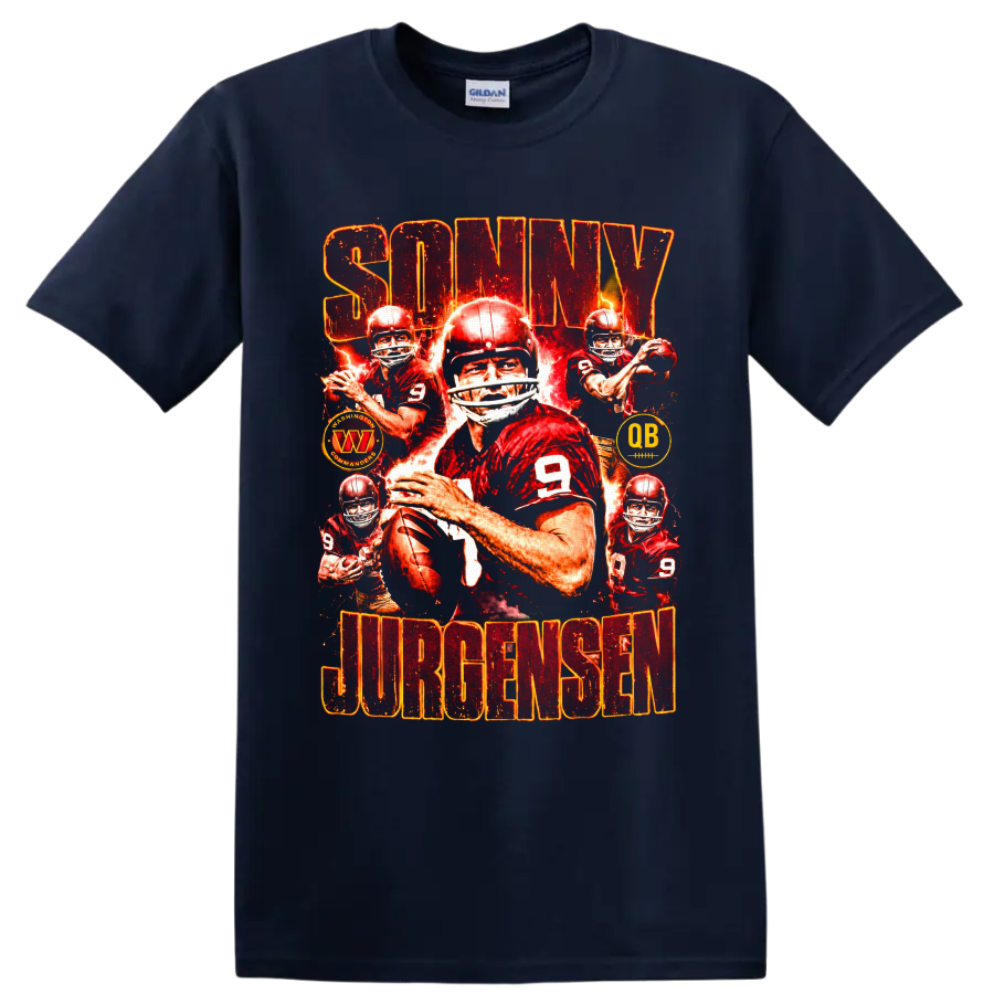 Sonny Jurgensen No. 9 quarterback collage with fiery distressed football graphics on a Navy (Blue) T Shirt
