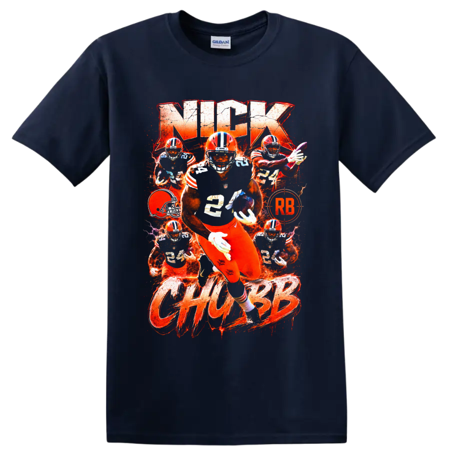 Nick Chubb Cleveland Browns running back action collage with fiery orange typography on a Navy (Blue) T Shirt