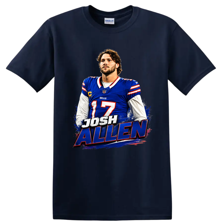 Josh Allen Buffalo Bills quarterback graphic with number 17 and distressed name lettering on a Navy (Blue) T Shirt