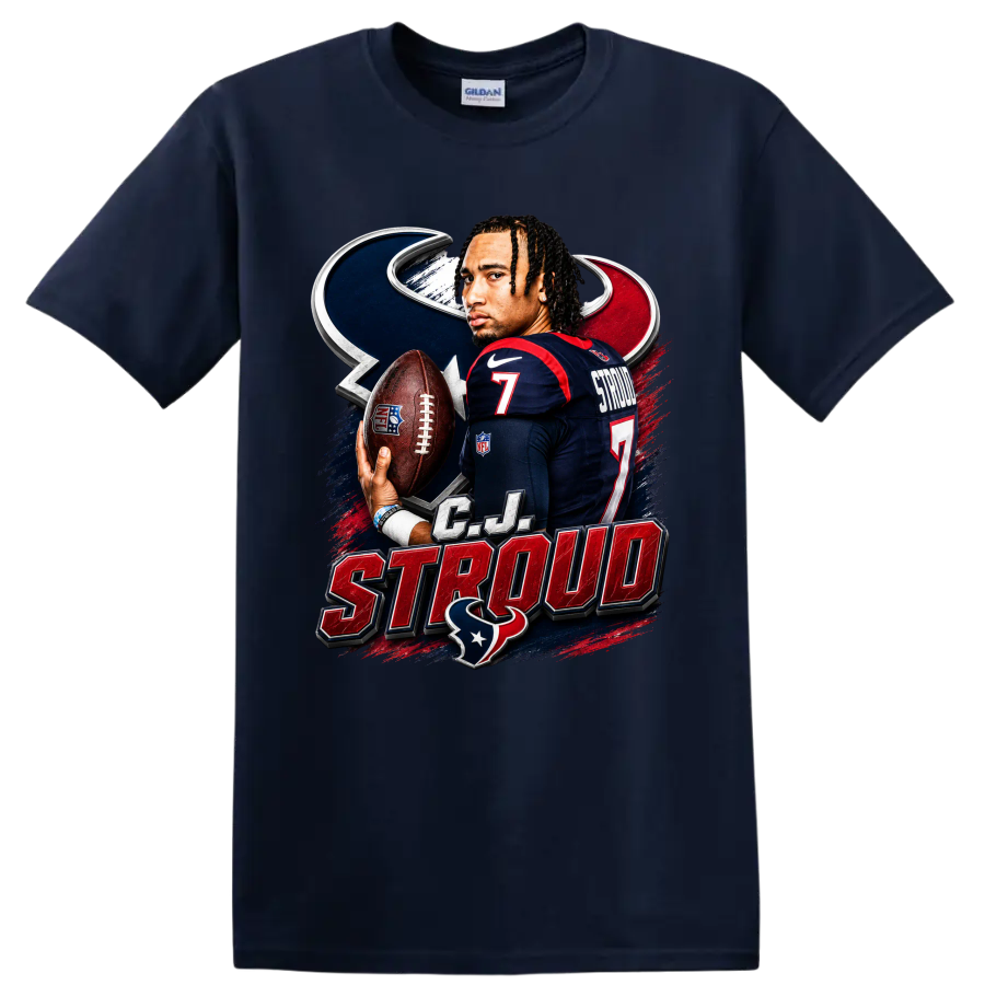 C.J. Stroud Houston Texans quarterback graphic with football, number 7, and team mark on a Navy (Blue) T Shirt