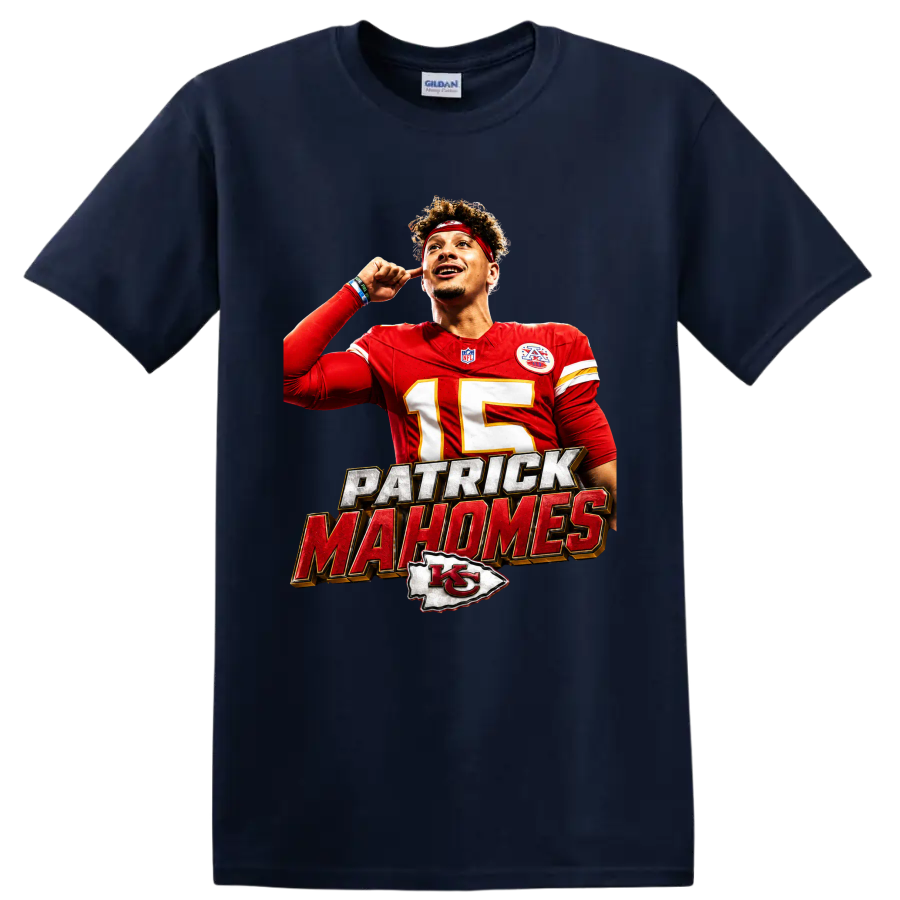 Patrick Mahomes Chiefs number 15 football graphic with bold name lettering and arrowhead on a Navy (Blue) T Shirt
