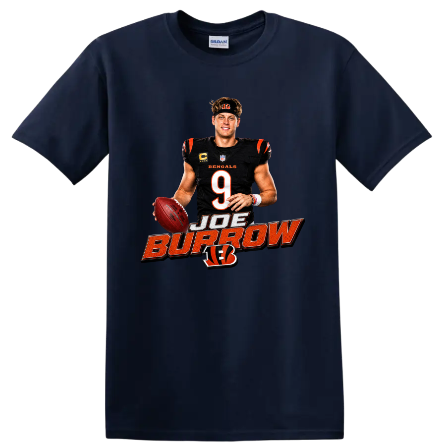 Joe Burrow Bengals quarterback graphic with number 9, football, and bold name lettering on a Navy (Blue) T Shirt