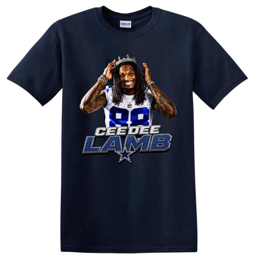 CeeDee Lamb Dallas Cowboys 88 portrait wearing a crown above jewel-style name art on a Navy (Blue) T Shirt