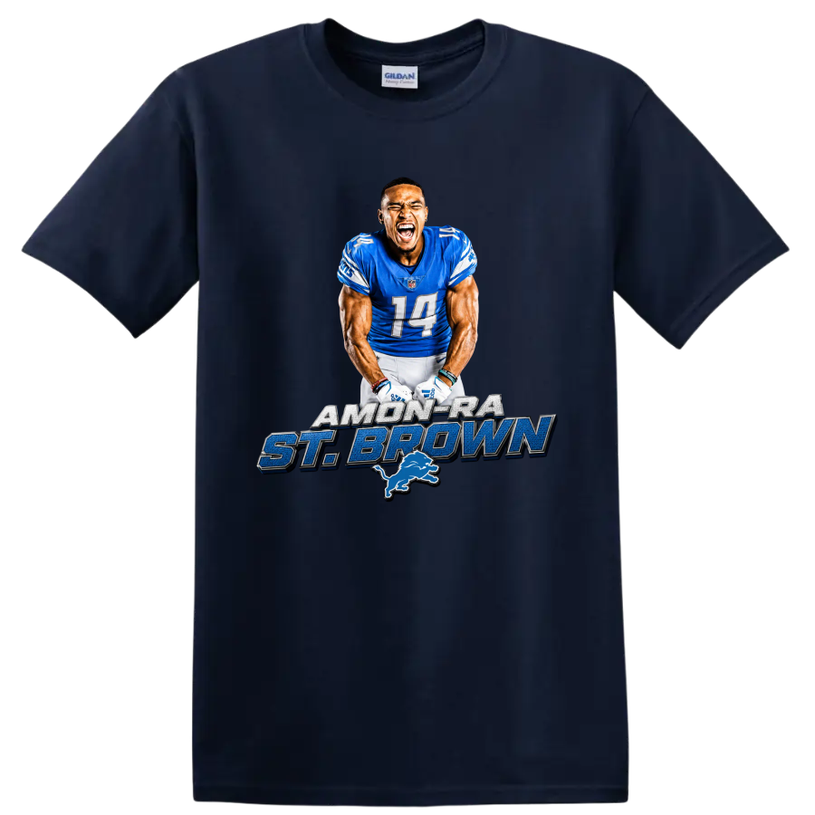 Amon-Ra St. Brown Detroit Lions wide receiver graphic with name lettering and lion emblem on a Navy (Blue) T Shirt