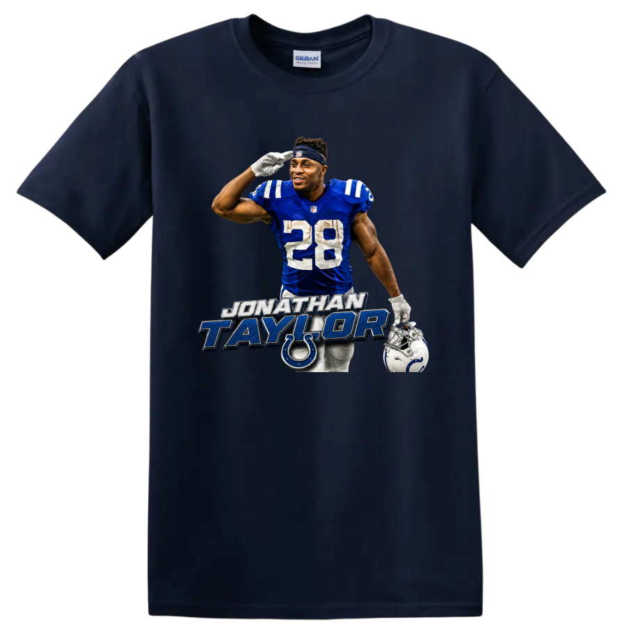 Jonathan Taylor Colts number 28 football player graphic with horseshoe emblem on a Navy (Blue) T Shirt