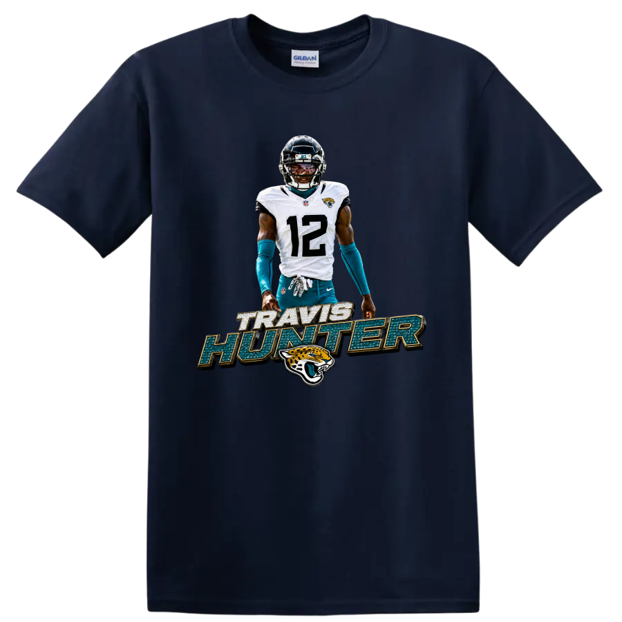 Travis Hunter Jaguars number 12 football player graphic with bold name lettering on a Navy (Blue) T Shirt