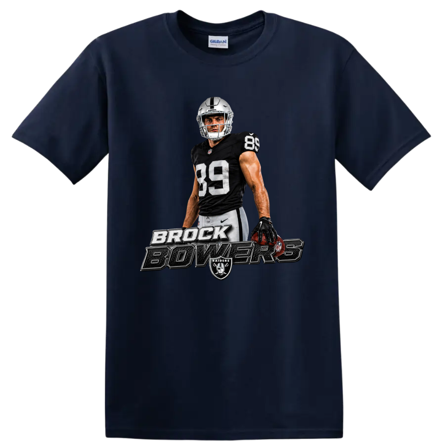 Brock Bowers Raiders No. 89 football player graphic with metallic name lettering on a Navy (Blue) T Shirt