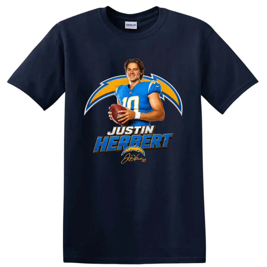 Justin Herbert Chargers quarterback graphic with football, lightning bolts, and player on a Navy (Blue) T Shirt