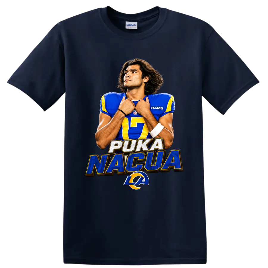 Puka Nacua Rams number 17 football portrait with PUKA NACUA text and horn emblem on a Navy (Blue) T Shirt