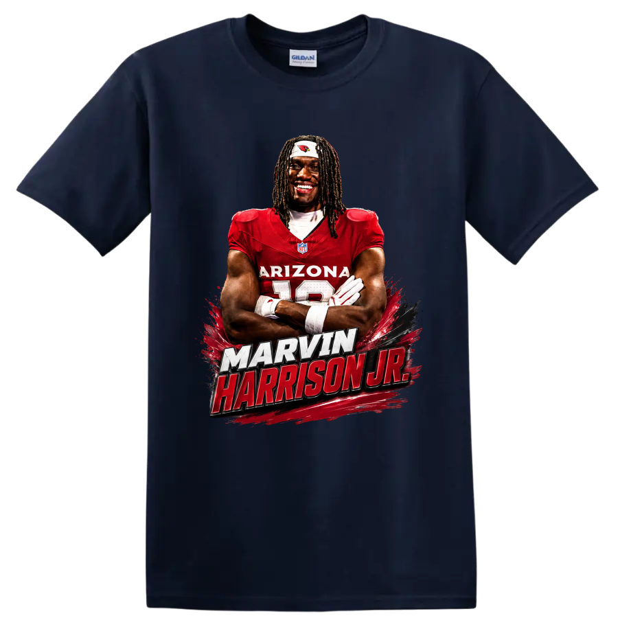 Marvin Harrison Jr Arizona Cardinals wide receiver portrait with bold name lettering on a Navy (Blue) T Shirt