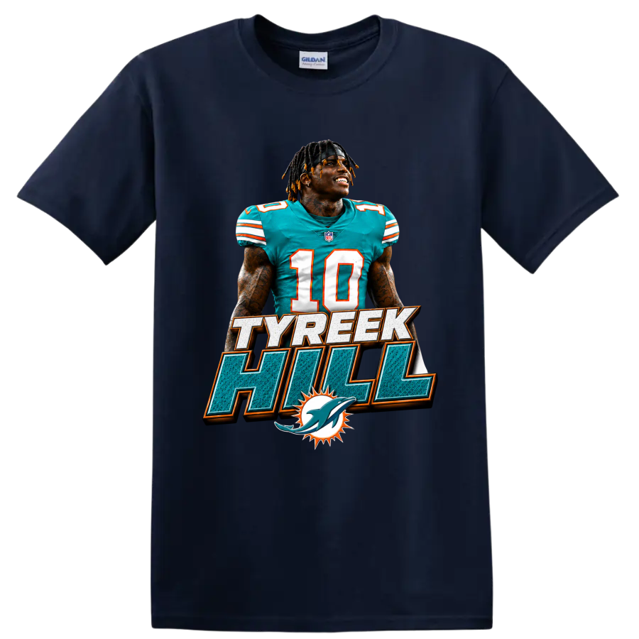 Tyreek Hill Miami Dolphins number 10 football portrait with TYREEK HILL text on a Navy (Blue) T Shirt