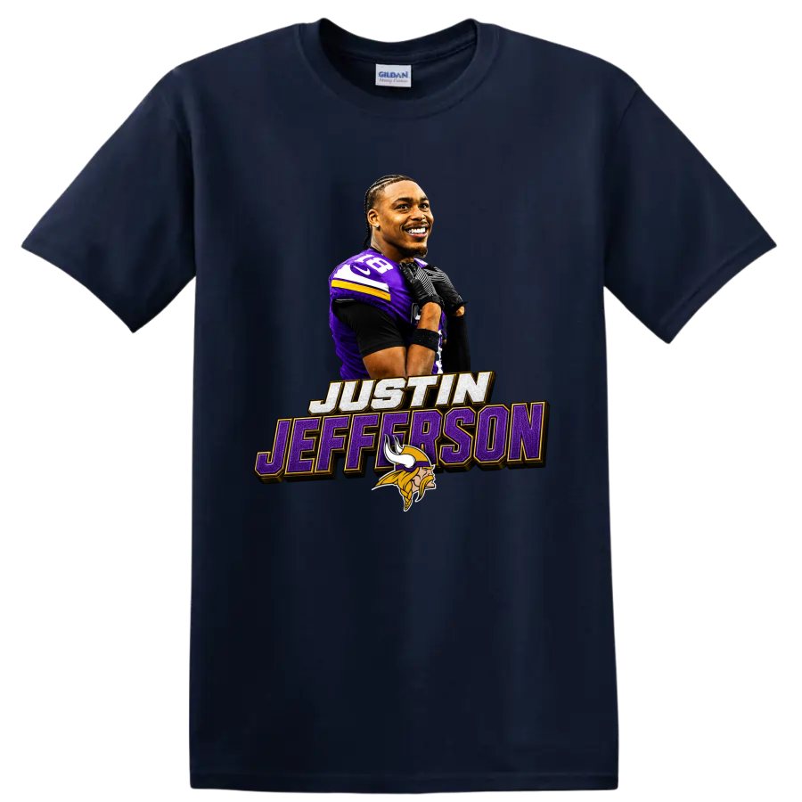 Justin Jefferson Minnesota Vikings player graphic with number 18 and name lettering on a Navy (Blue) T Shirt