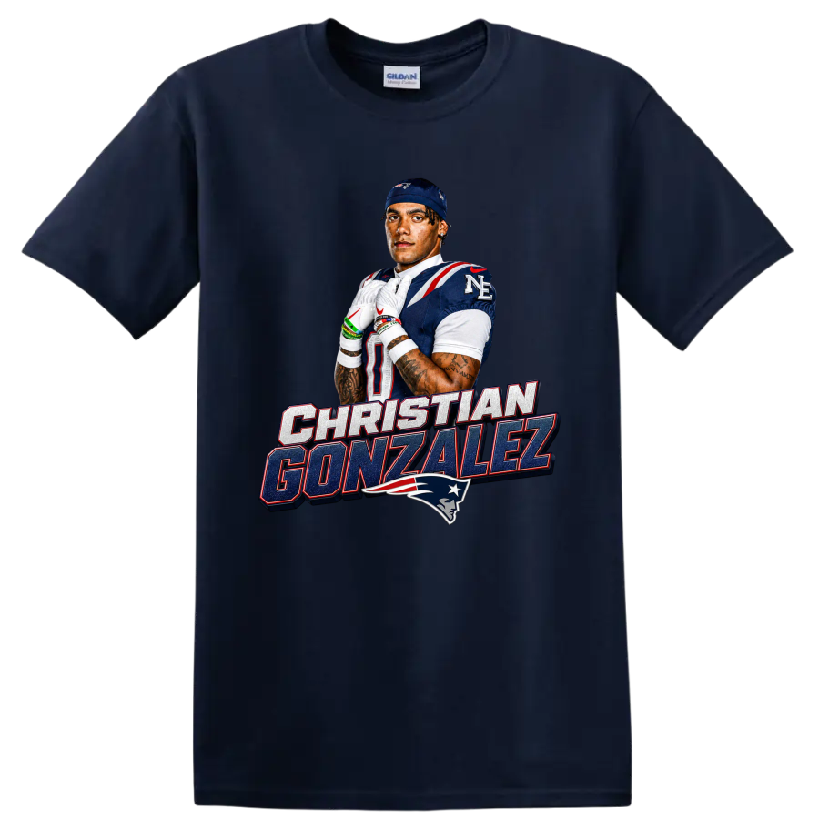 Christian Gonzalez Patriots football portrait with player-name lettering and team logo on a Navy (Blue) T Shirt