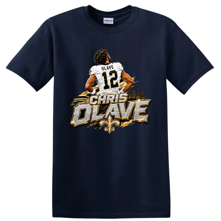 Chris Olave number 12 Saints football graphic with skyline, fleur-de-lis, and bold on a Navy (Blue) T Shirt
