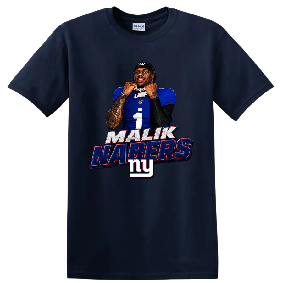 Malik Nabers New York Giants number 1 portrait graphic with MALIK NABERS lettering on a Navy (Blue) T Shirt