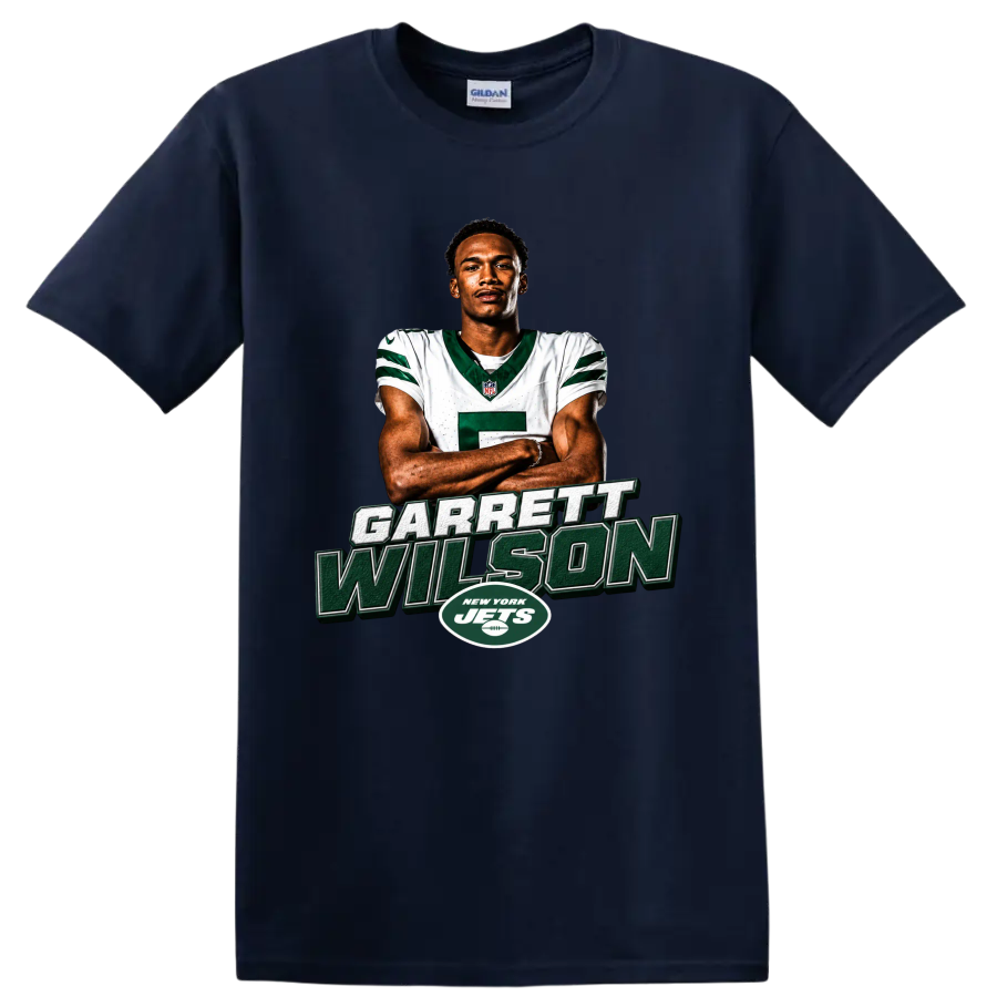 Garrett Wilson New York Jets player portrait with bold name lettering and team logo on a Navy (Blue) T Shirt