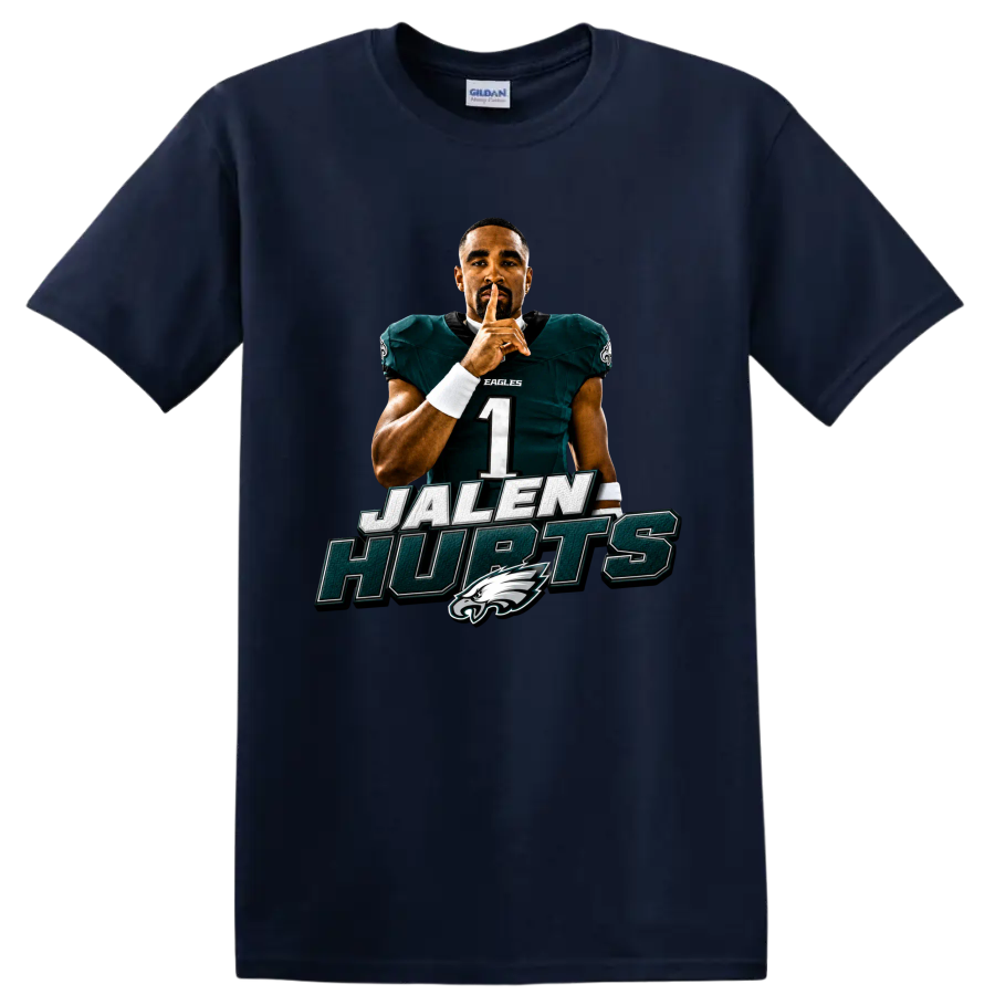 Jalen Hurts Eagles quarterback shush pose with JALEN HURTS text and bird-head emblem on a Navy (Blue) T Shirt