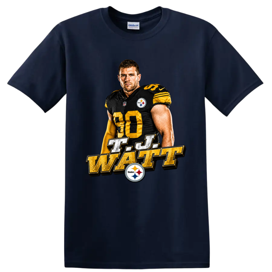 T.J. Watt Pittsburgh Steelers number 90 portrait with metallic T.J. Watt lettering on a Navy (Blue) T Shirt