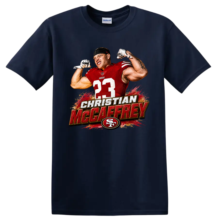 Christian McCaffrey flexing in 49ers number 23 jersey with bold name graphic on a Navy (Blue) T Shirt