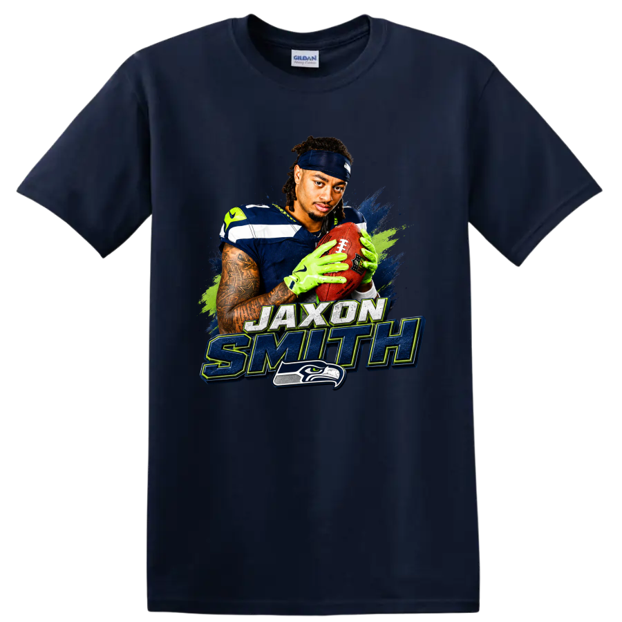 Jaxon Smith-Njigba Seahawks football portrait with distressed name lettering on a Navy (Blue) T Shirt