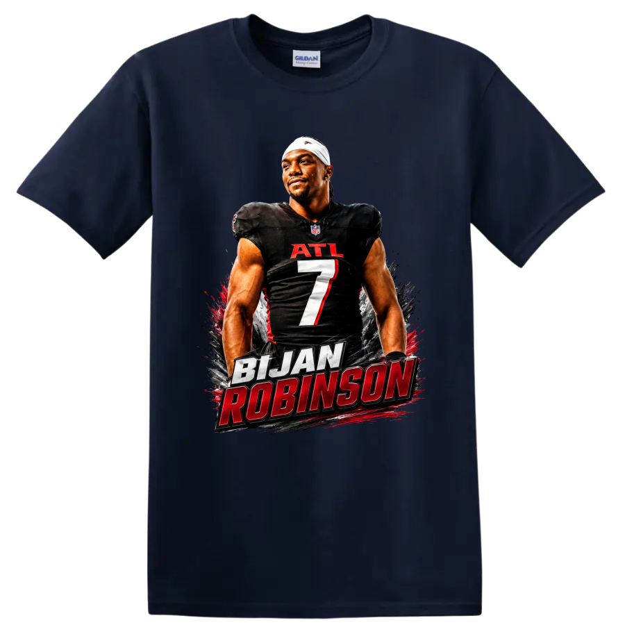 Bijan Robinson Atlanta Falcons number 7 football portrait with bold name lettering on a Navy (Blue) T Shirt