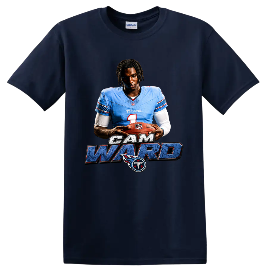 Cam Ward Tennessee Titans quarterback graphic with football, name lettering, and team logo on a Navy (Blue) T Shirt
