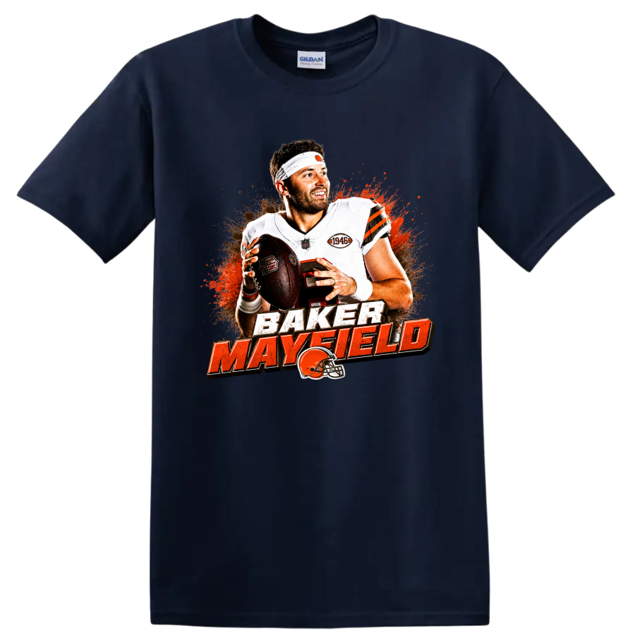 Baker Mayfield Cleveland Browns football graphic with distressed lettering and helmet on a Navy (Blue) T Shirt