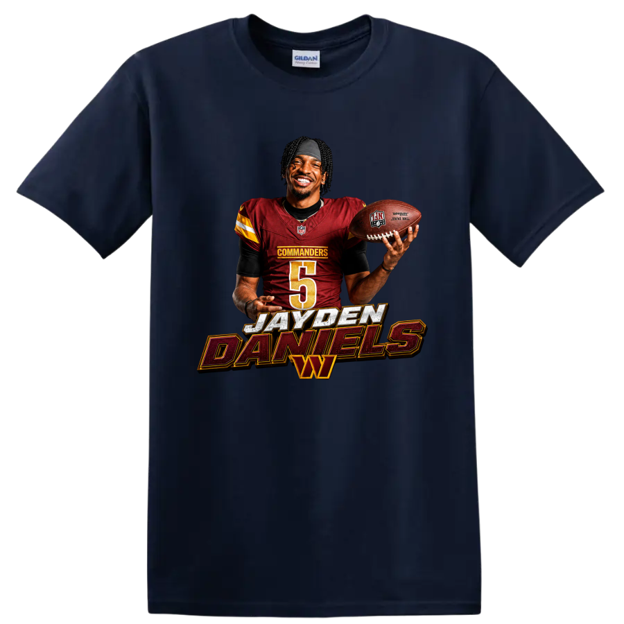 Jayden Daniels Washington Commanders quarterback graphic with football and bold name on a Navy (Blue) T Shirt