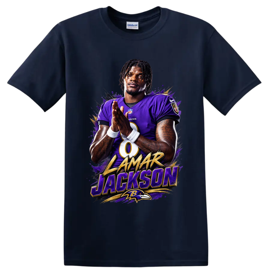 Lamar Jackson Ravens quarterback portrait with gold name text and purple paint-splash art on a Navy (Blue) T Shirt