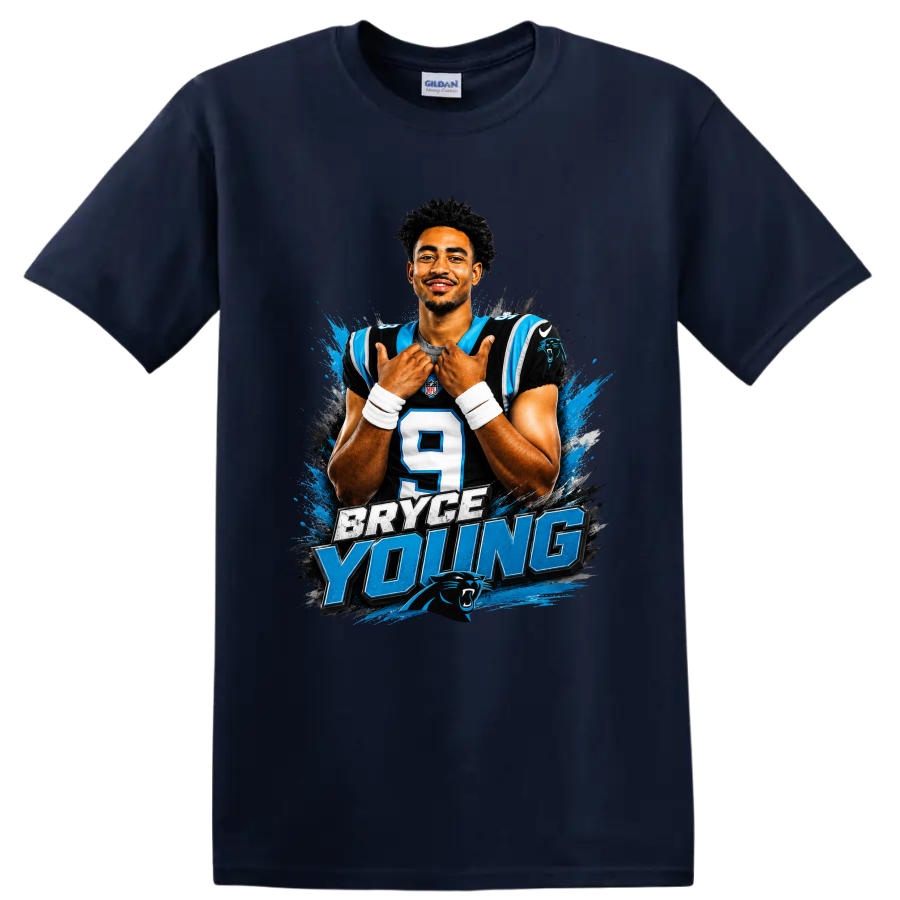 Bryce Young Carolina Panthers number 9 portrait with bold Bryce Young lettering on a Navy (Blue) T Shirt