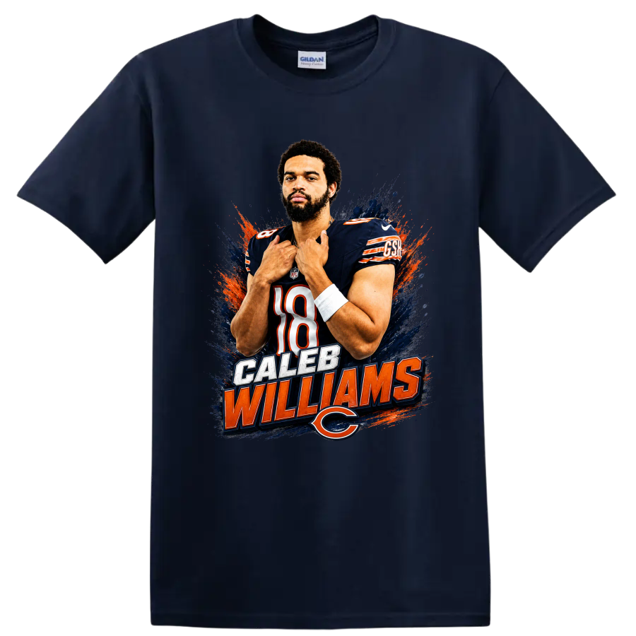 Caleb Williams Chicago Bears number 18 portrait with paint splashes and name lettering on a Navy (Blue) T Shirt