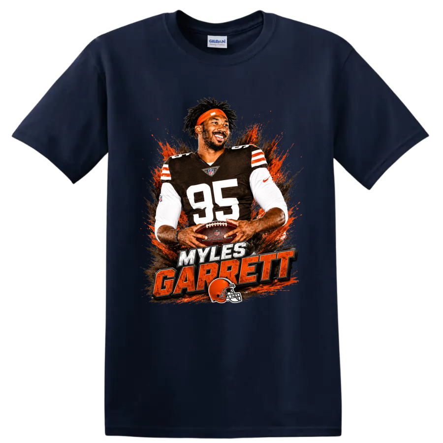 Myles Garrett number 95 Cleveland Browns football graphic with orange paint splashes on a Navy (Blue) T Shirt