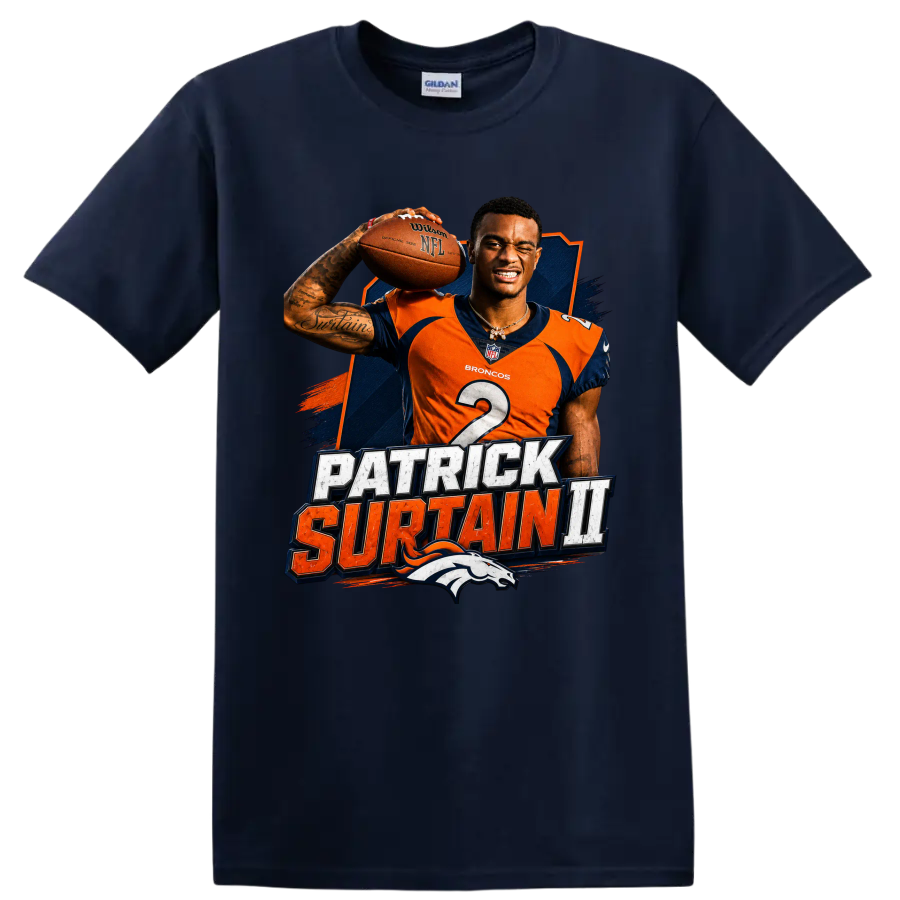 Patrick Surtain II Broncos football player graphic with distressed name lettering on a Navy (Blue) T Shirt