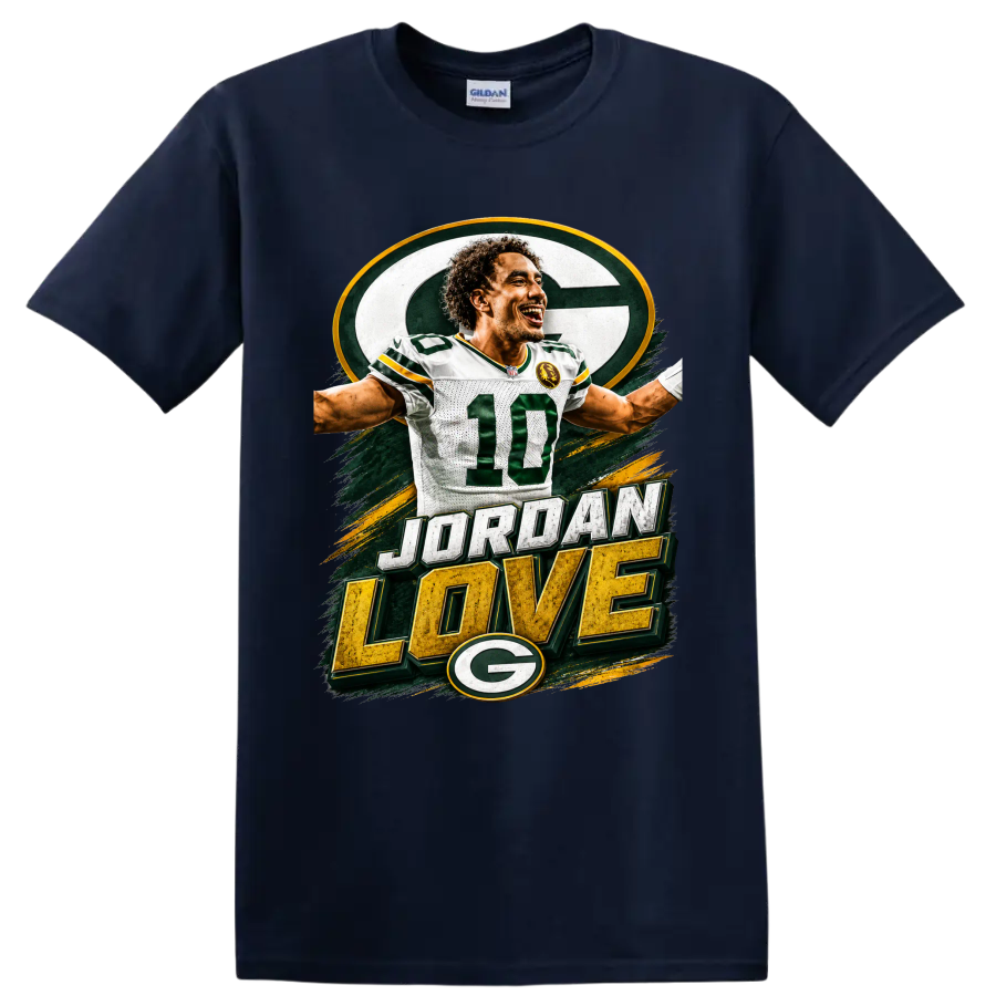 Jordan Love Green Bay Packers number 10 graphic with distressed JORDAN LOVE text on a Navy (Blue) T Shirt