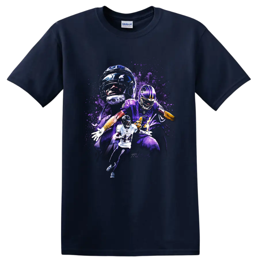 Justin Jefferson Minnesota Vikings wide receiver action collage with purple splatter art on a Navy (Blue) T Shirt