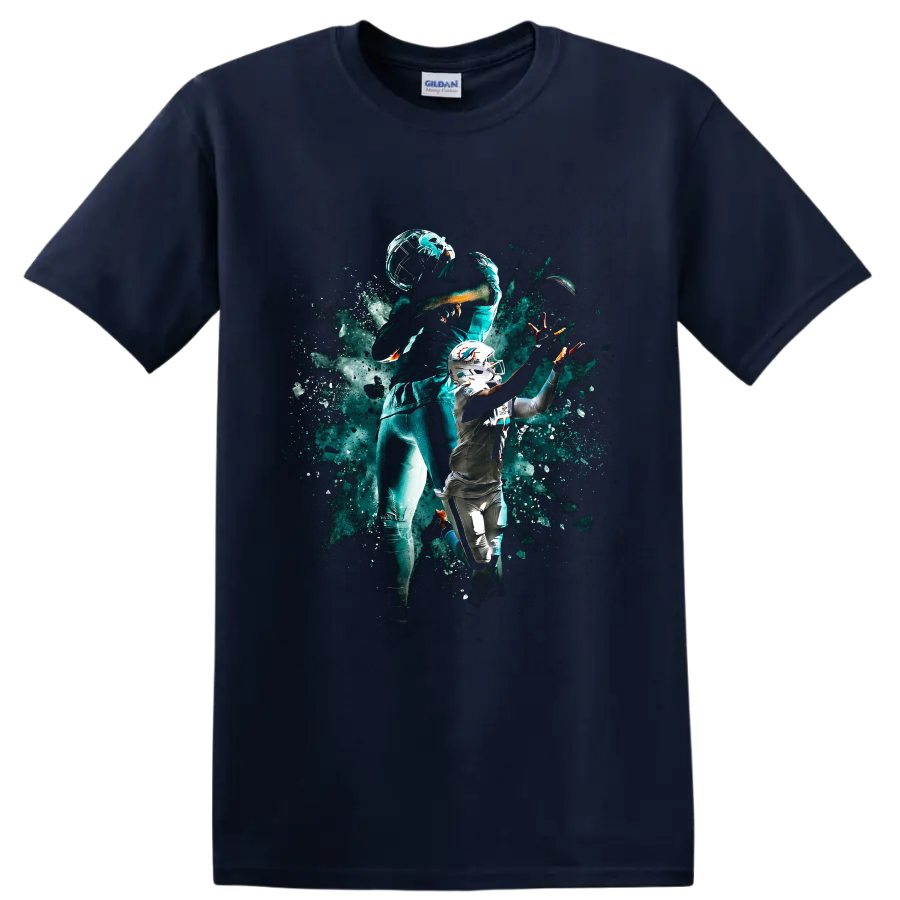 Tua Tagovailoa Miami Dolphins quarterback action art with helmet and football on a Navy (Blue) T Shirt
