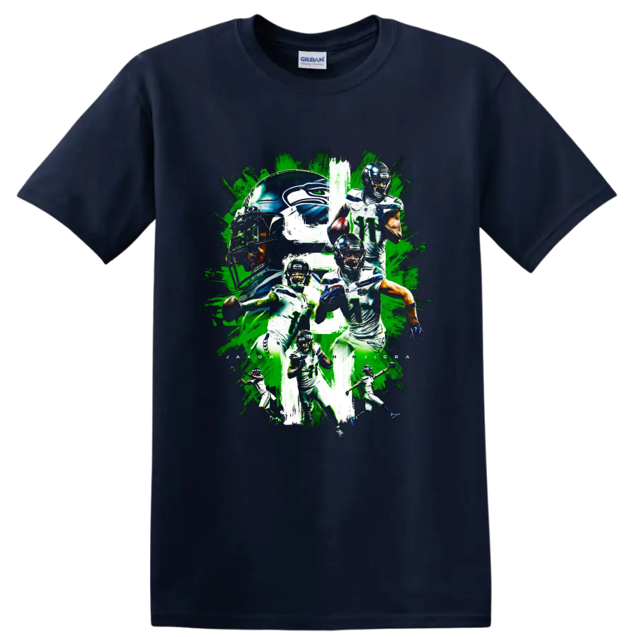 Jaxon Smith-Njigba Seahawks number 11 football action collage with helmet artwork on a Navy (Blue) T Shirt