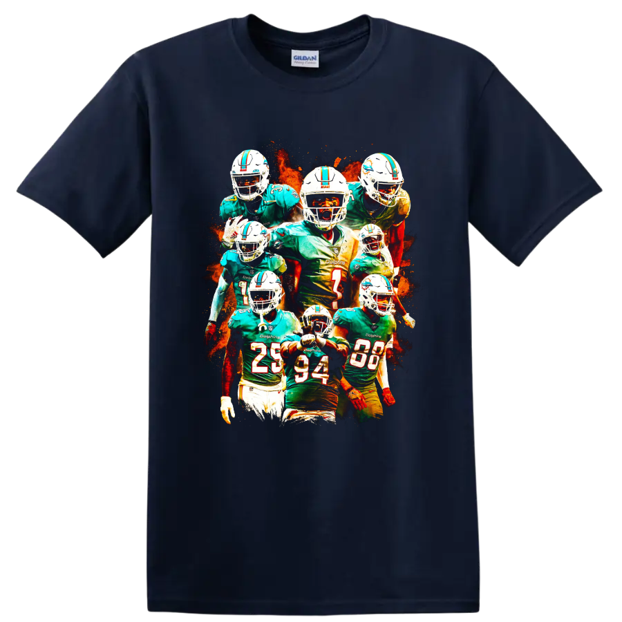 Tua Tagovailoa Miami Dolphins quarterback collage with fiery football artwork on a Navy (Blue) T Shirt