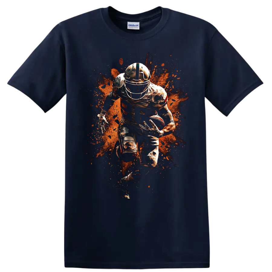 Nick Chubb Cleveland Browns running back action graphic with orange paint splatter on a Navy (Blue) T Shirt