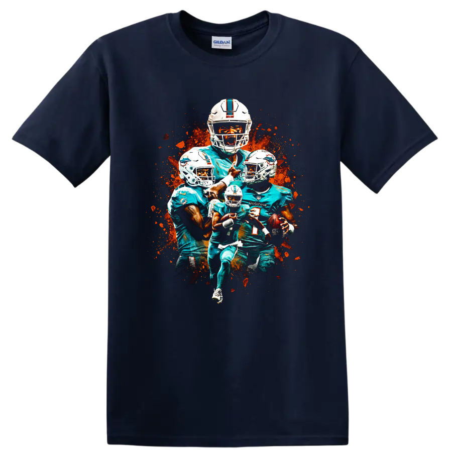 Miami Dolphins Tua Tagovailoa, Tyreek Hill and Jaylen Waddle paint-splatter collage on a Navy (Blue) T Shirt