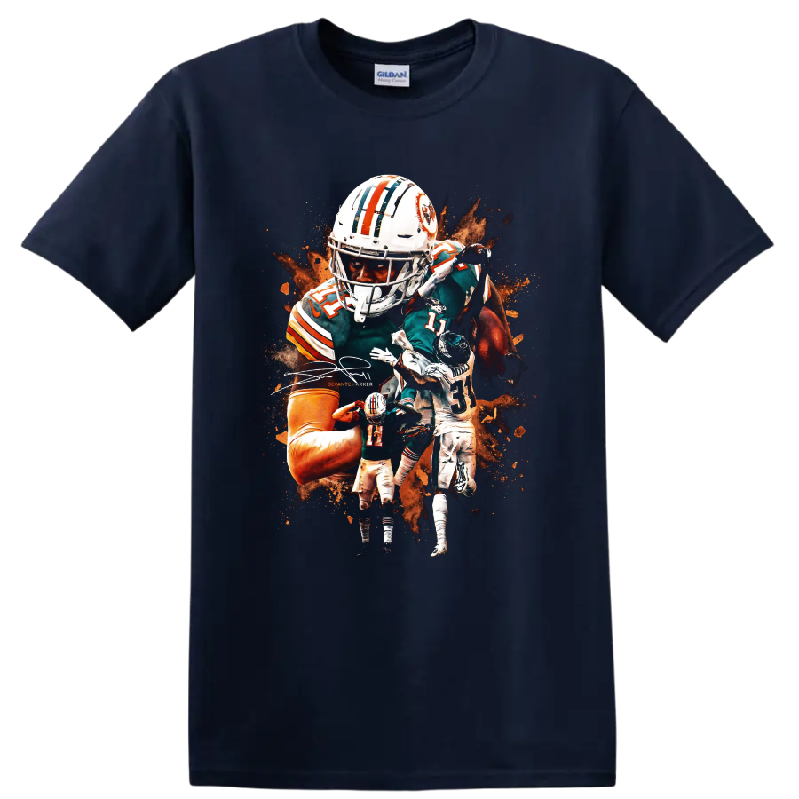 DeVante Parker Miami Dolphins action football collage with orange paint splashes on a Navy (Blue) T Shirt