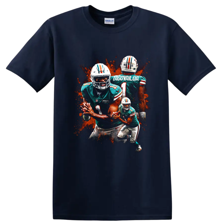 Tua Tagovailoa Miami Dolphins action graphic with layered football poses on a Navy (Blue) T Shirt