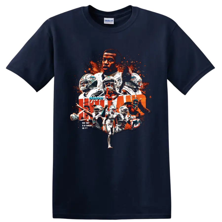 Jevon Holland Miami Dolphins safety action collage with helmets and football on a Navy (Blue) T Shirt